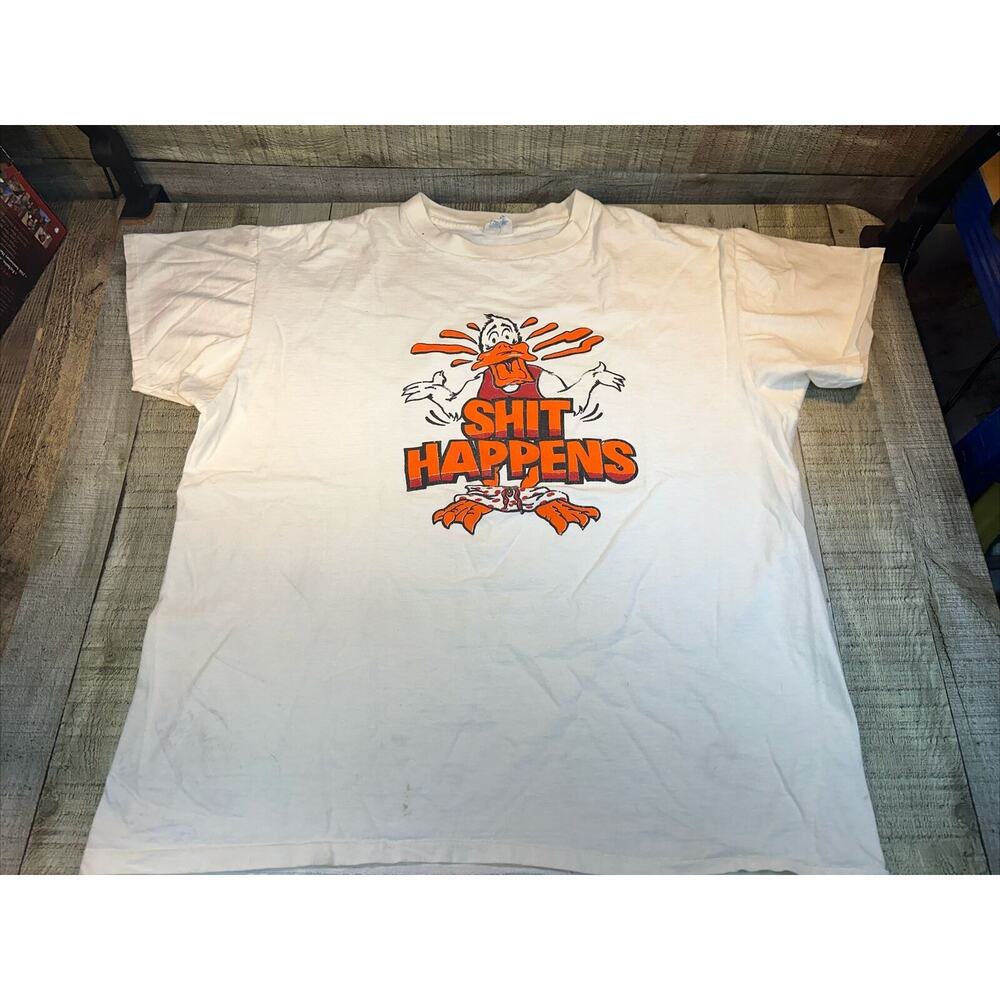 VINTAGE 1980s DUCK “SH*T HAPPENS” TOPHALF SINGLE STITCH POCKET T-SHIRT (Size:XL)